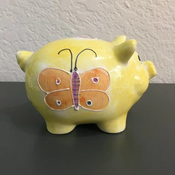 Piggy Bank Yellow Ceramic With butterfly Collectable - Picture 1 of 8
